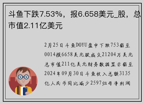 斗鱼下跌7.53%，报6.658美元_股，总市值2.11亿美元