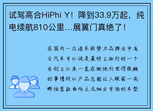 试驾高合HiPhi Y！降到33.9万起，纯电续航810公里…展翼门真绝了！