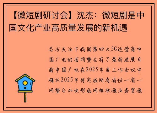 【微短剧研讨会】沈杰：微短剧是中国文化产业高质量发展的新机遇