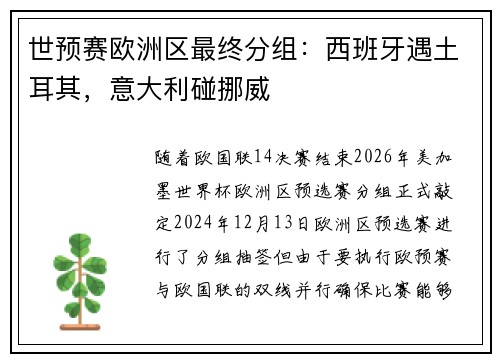 世预赛欧洲区最终分组：西班牙遇土耳其，意大利碰挪威