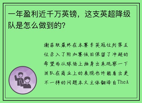 一年盈利近千万英镑，这支英超降级队是怎么做到的？