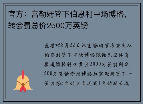 官方：富勒姆签下伯恩利中场博格，转会费总价2500万英镑
