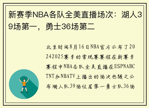 新赛季NBA各队全美直播场次：湖人39场第一，勇士36场第二