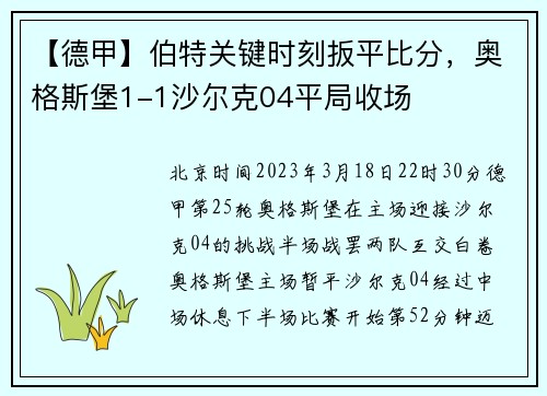 【德甲】伯特关键时刻扳平比分，奥格斯堡1-1沙尔克04平局收场