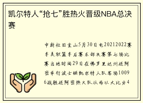 凯尔特人“抢七”胜热火晋级NBA总决赛