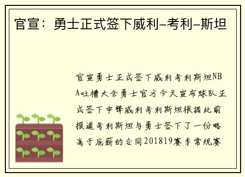 官宣：勇士正式签下威利-考利-斯坦